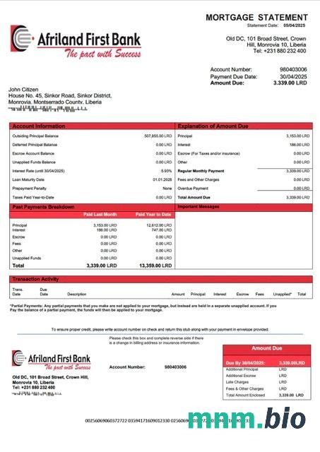 Liberia Afriland First Bank Liberia wyciąg z kredytu hipotecznego szablon Word i PDF